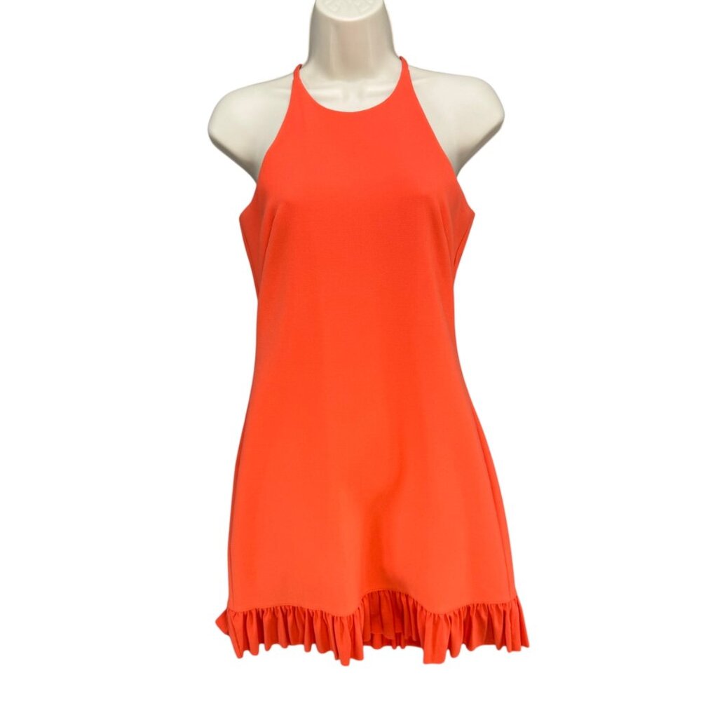 Nicole Miller Artelier Rio Mini Dress Orange Sleeveless Halter Ruffle Hem Sz PS